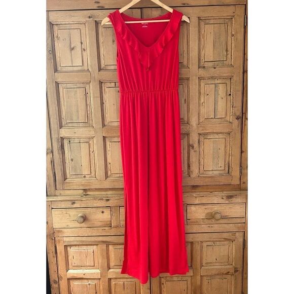 Esmara Women's Medium‎ Red Maxi V-Neck Sleeveless Dress Flowy Slits Viscose Long - Picture 2 of 11